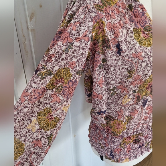 Joie Floral Peasant Boho Smocked Chiffon Blouson Sleeve Blouse - Picture 3 of 9